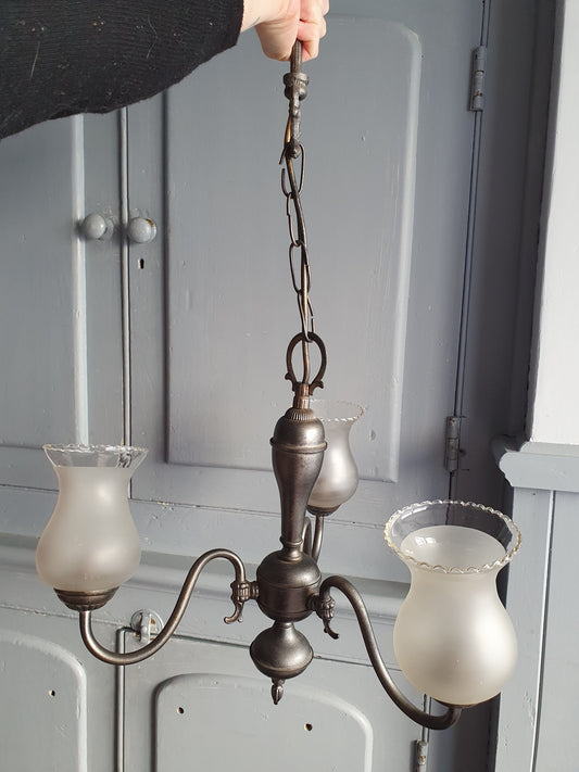 Vintage 3-Arm Brass Chandelier with Pewter Finish & Frosted Tulip Shades – Colonial Revival (60cm Drop)