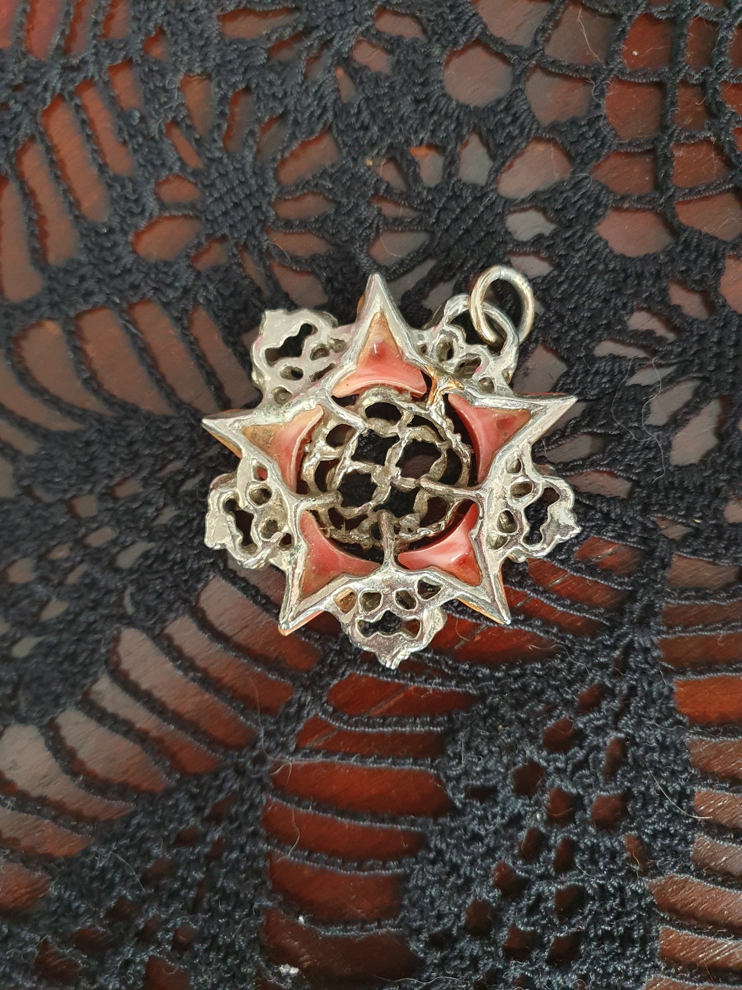 Vintage Gothic Revival Pendant – Red Celluloid & Ornate Silver-Tone Filigree | Mid-Century Costume Jewelry