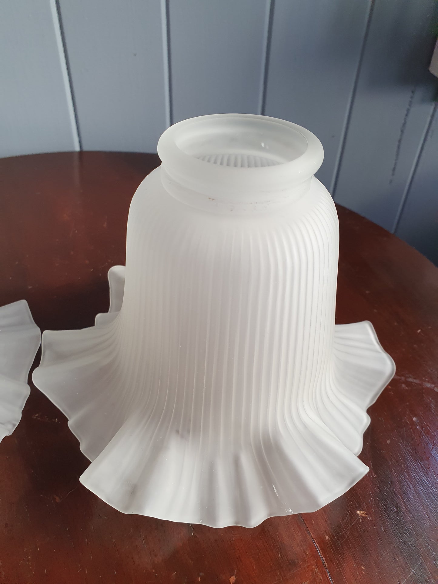 Vintage Frosted Glass Lamp Shade Pair – Ribbed Texture with Ruffle Edging (1980s)