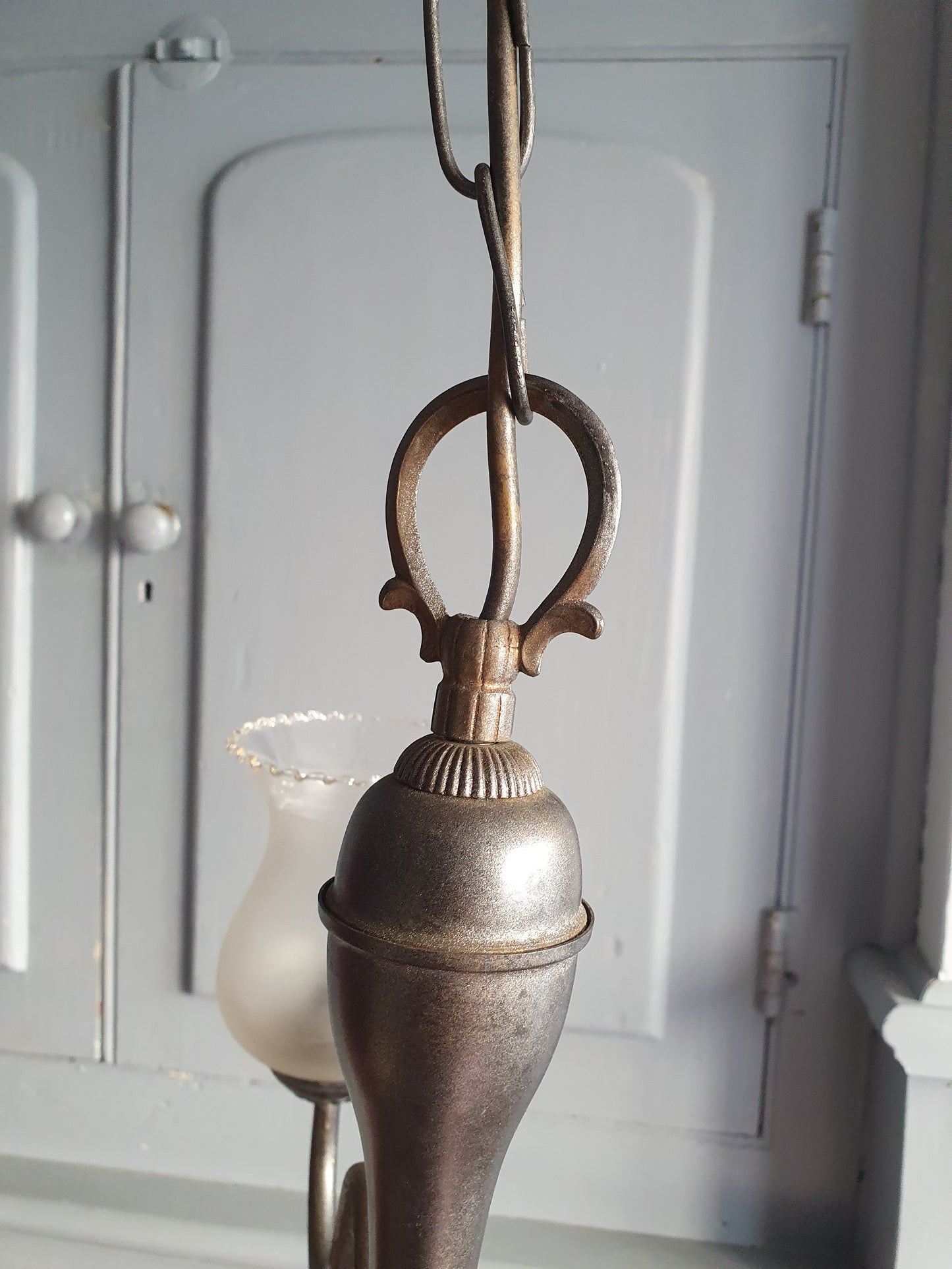 Vintage 3-Arm Brass Chandelier with Pewter Finish & Frosted Tulip Shades – Colonial Revival (60cm Drop)