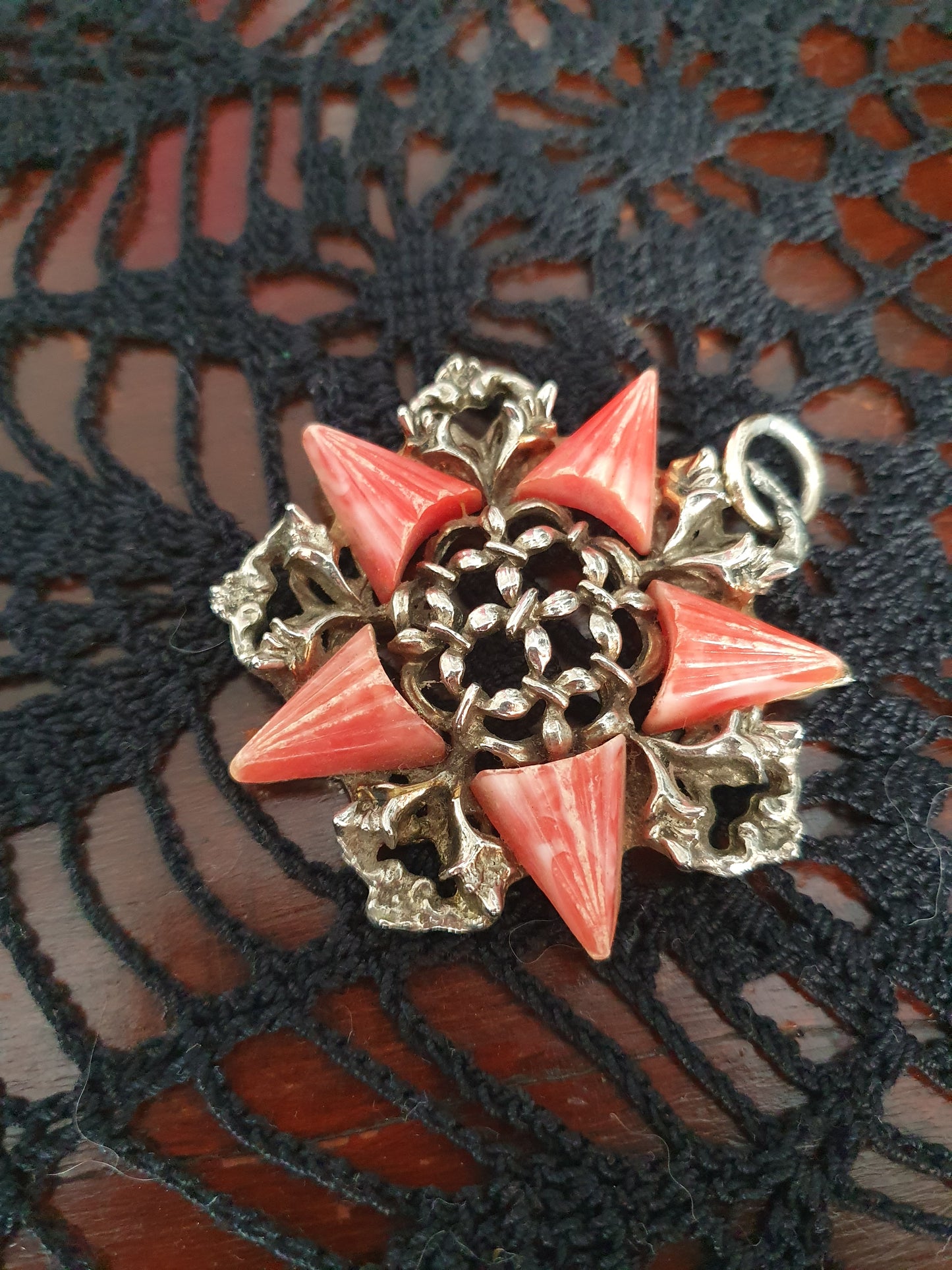 Vintage Gothic Revival Pendant – Red Celluloid & Ornate Silver-Tone Filigree | Mid-Century Costume Jewelry
