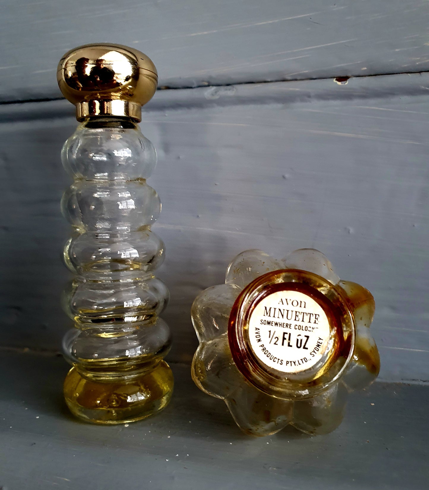 Vintage Avon Perfume Bottle Pair – Minuette “Somewhere” Cologne & Bubble Tower | 70s–80s