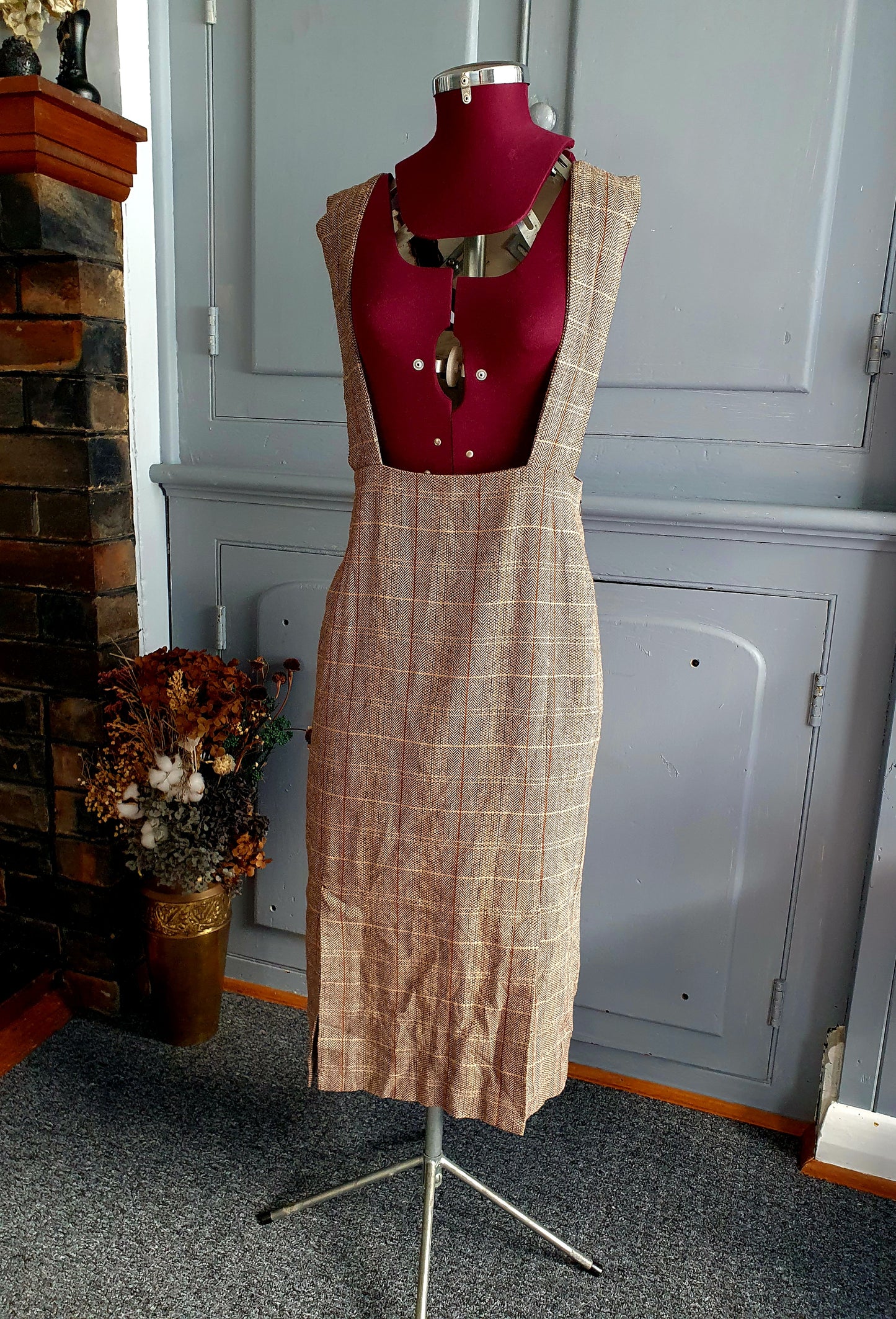 Ray BEAMS Plaid Wool-Blend Tie-Back Pinafore Dress – Size XS (AU 6–8)
