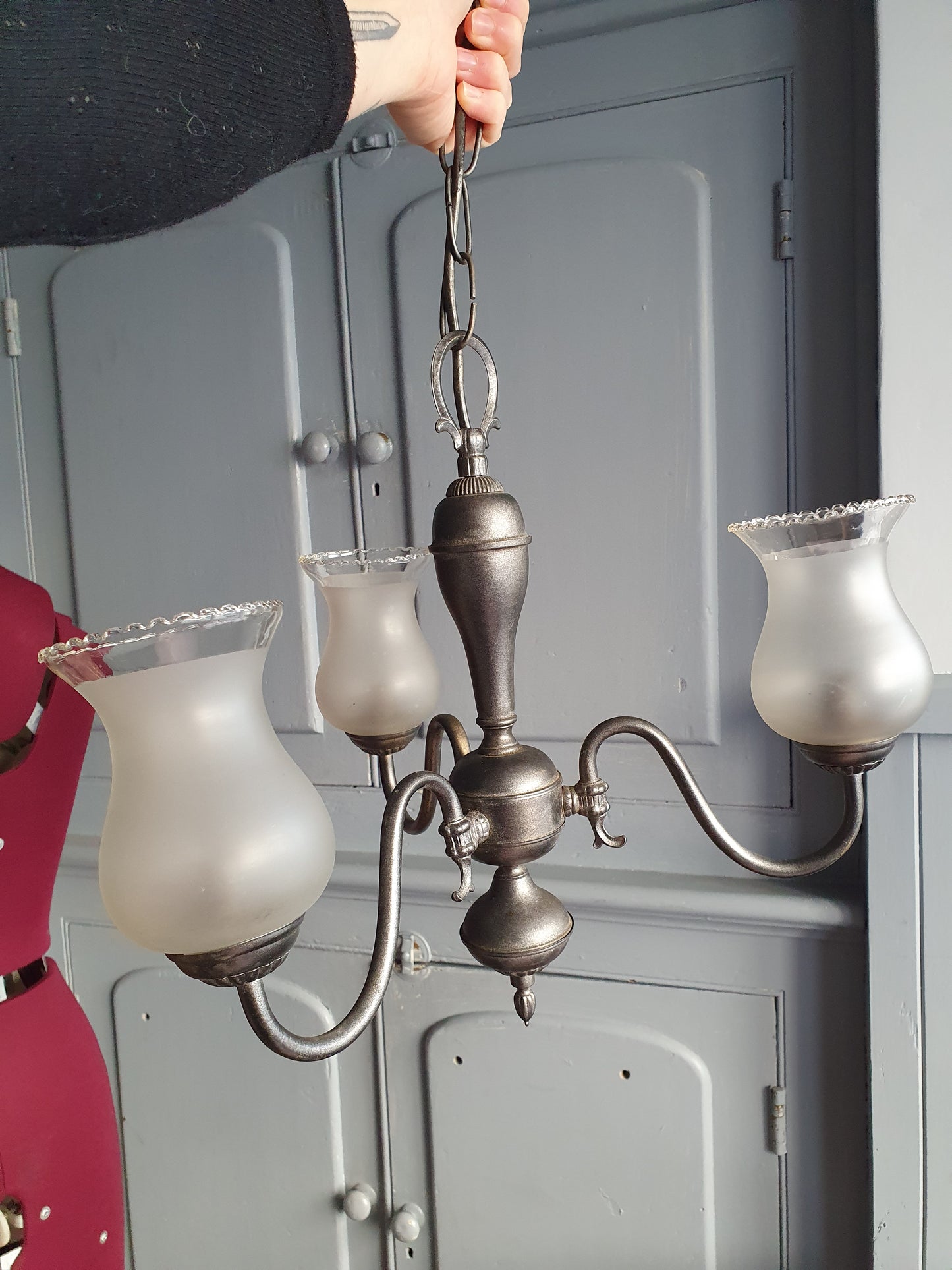 Vintage 3-Arm Brass Chandelier with Pewter Finish & Frosted Tulip Shades – Colonial Revival (60cm Drop)