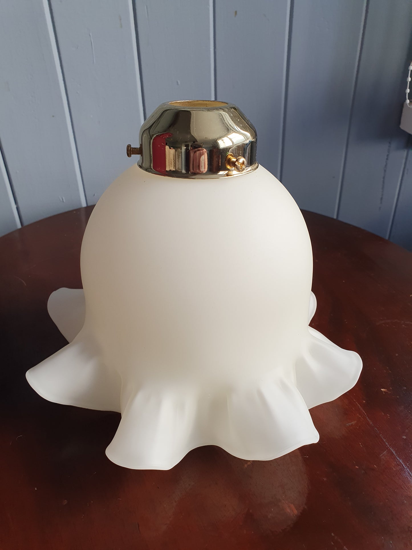 Vintage Ruffled Glass Lamp Shade Pair – 1980s Matte White with Brass Fittings