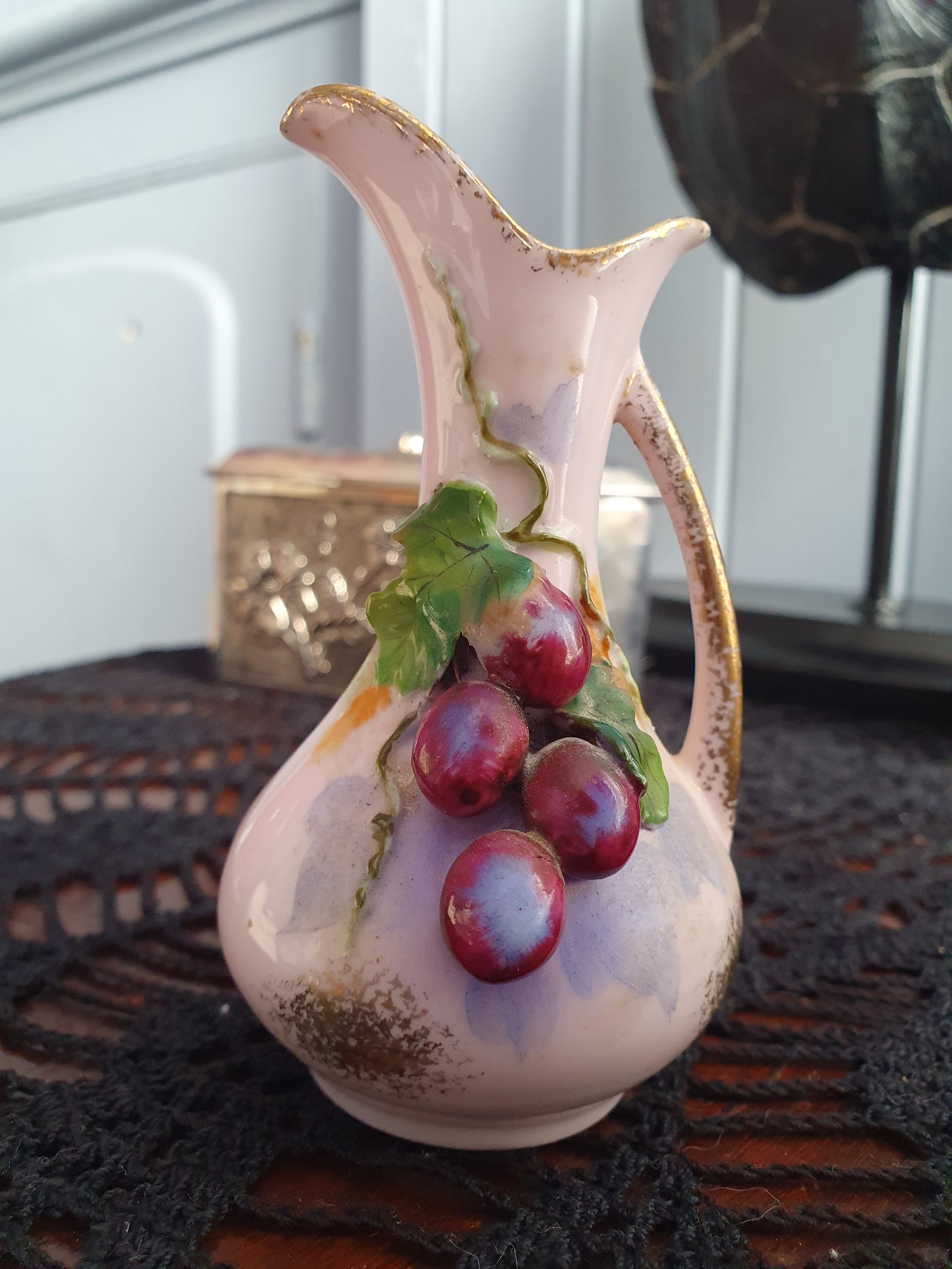 Vintage Miniature Porcelain Vase – Pink with Hand-Painted Grapes | 3D Relief Design | c.1950s