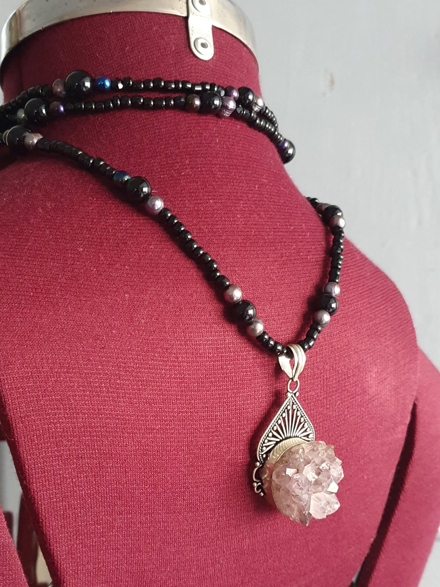 Sterling silver Amethyst cluster with freshwater purple pearls