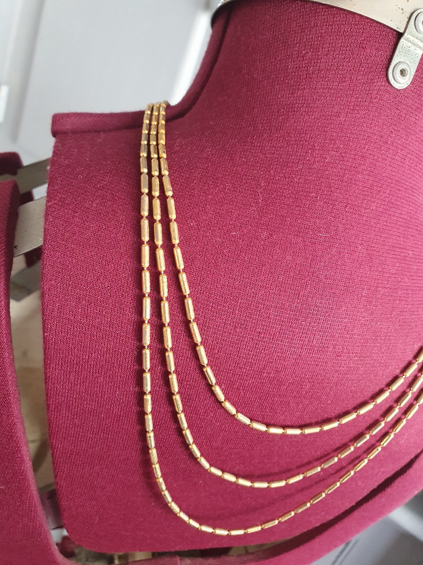 1950s Triple Strand Gold-Tone Necklace – Vintage Layered Beads