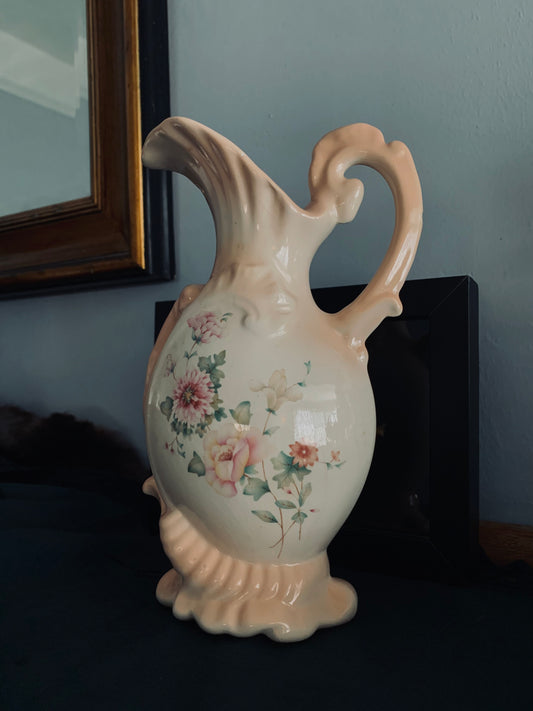 Vintage Floral Ceramic Jug – Pastel Peach & Cream with Rose Motif