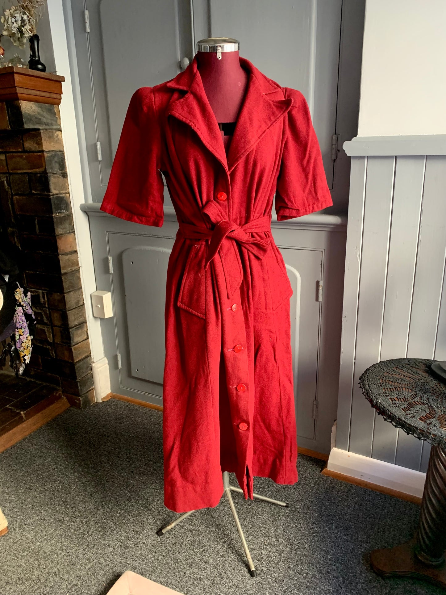 Rare Antique Handmade Wool Dress Coat – Deep Crimson – 1930s/1940s Vintage