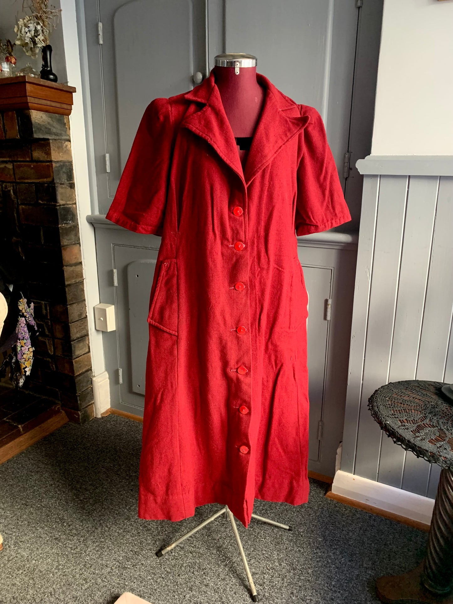 Rare Antique Handmade Wool Dress Coat – Deep Crimson – 1930s/1940s Vintage
