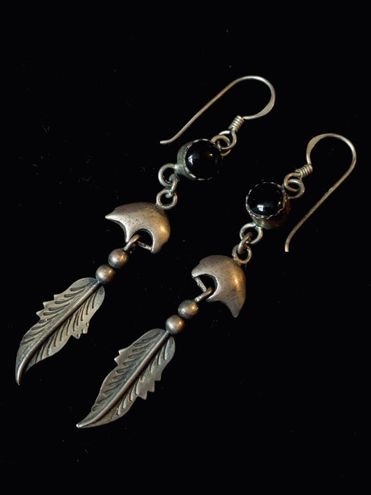 Vintage Sterling Silver Bear & Feather Earrings