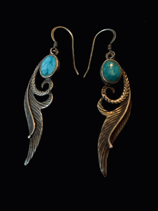 Vintage Sterling Silver & Turquoise Earrings – Feather Detail Boho Dangle