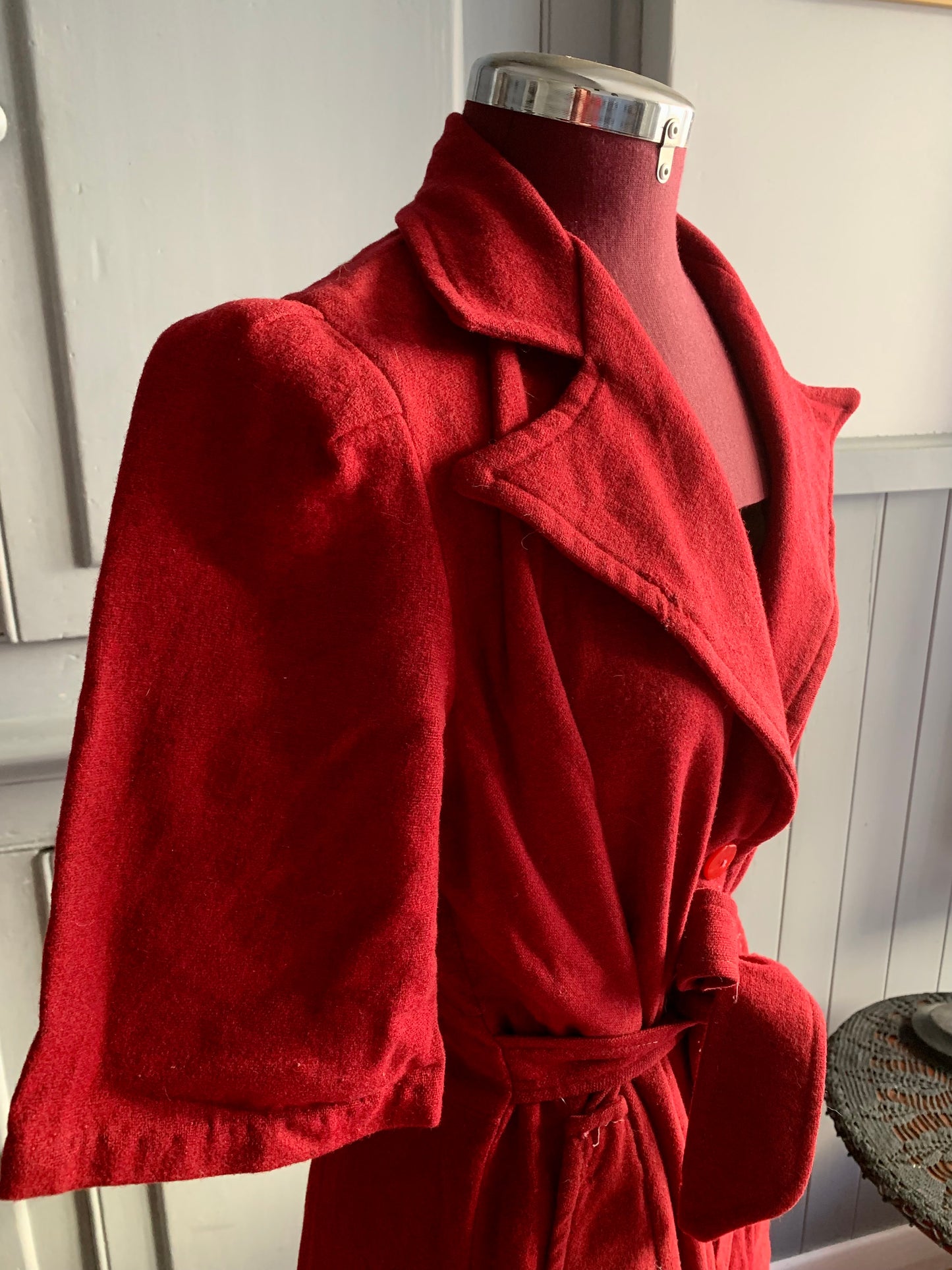 Rare Antique Handmade Wool Dress Coat – Deep Crimson – 1930s/1940s Vintage