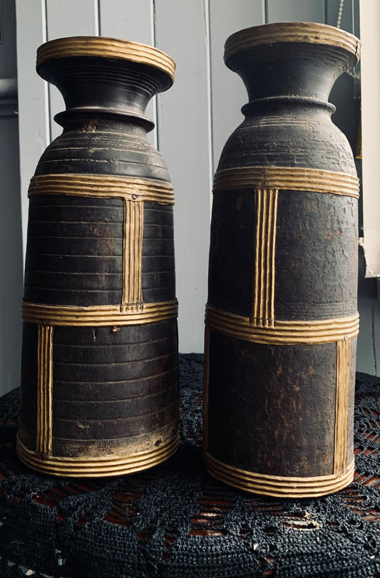 Antique Nepalese Wooden Bottles with Brass Detailing – Decorative Pair