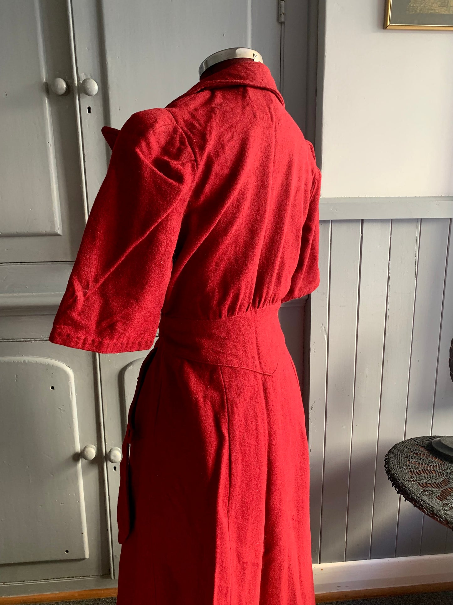 Rare Antique Handmade Wool Dress Coat – Deep Crimson – 1930s/1940s Vintage