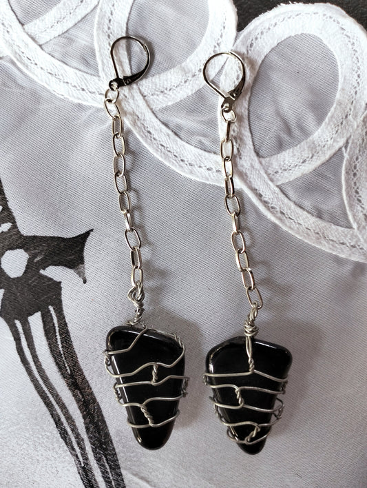 Wire-wrapped Obsidian Earrings