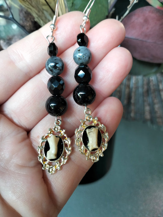 Cat Toe Bones + Larvikite & Black Crystal Earrings