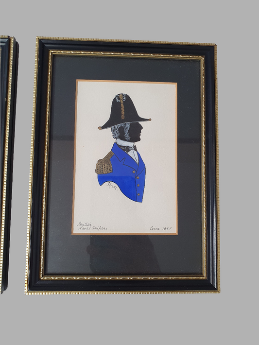Pair of Original Hand-Painted Silhouettes – British Military & Naval Uniforms c.1815-1863 by Phyllis Arnold