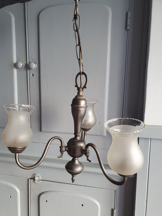 Vintage 3-Arm Brass Chandelier with Pewter Finish & Frosted Tulip Shades – Colonial Revival (60cm Drop)