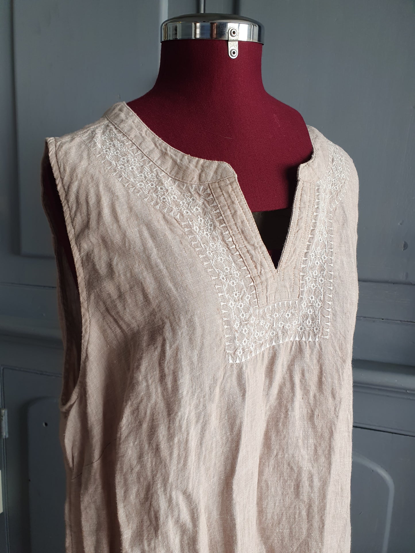 Linen-Blend Embroidered Tunic Dress – Natural Beige | Size AU 14–16