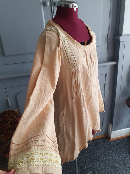 Boho Lace Fringe Tunic Top – Peach - size M