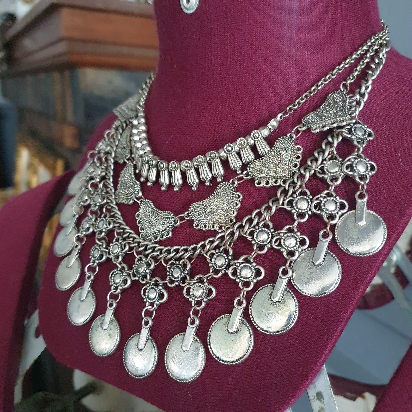 Silver Tone Layered Coin Statement Necklace