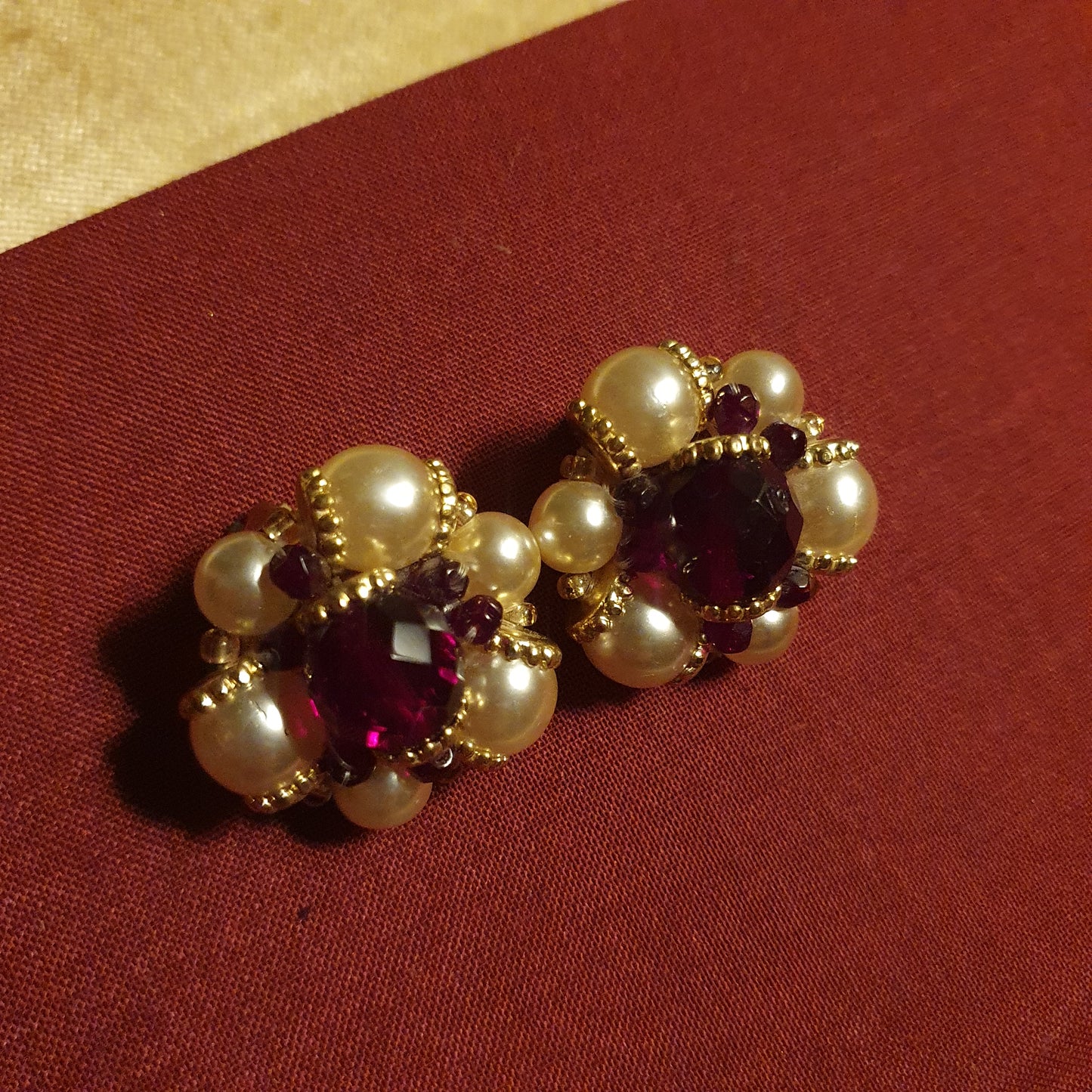 Vintage Ruby Red Glass & Pearl Cluster Clip-On Earrings
