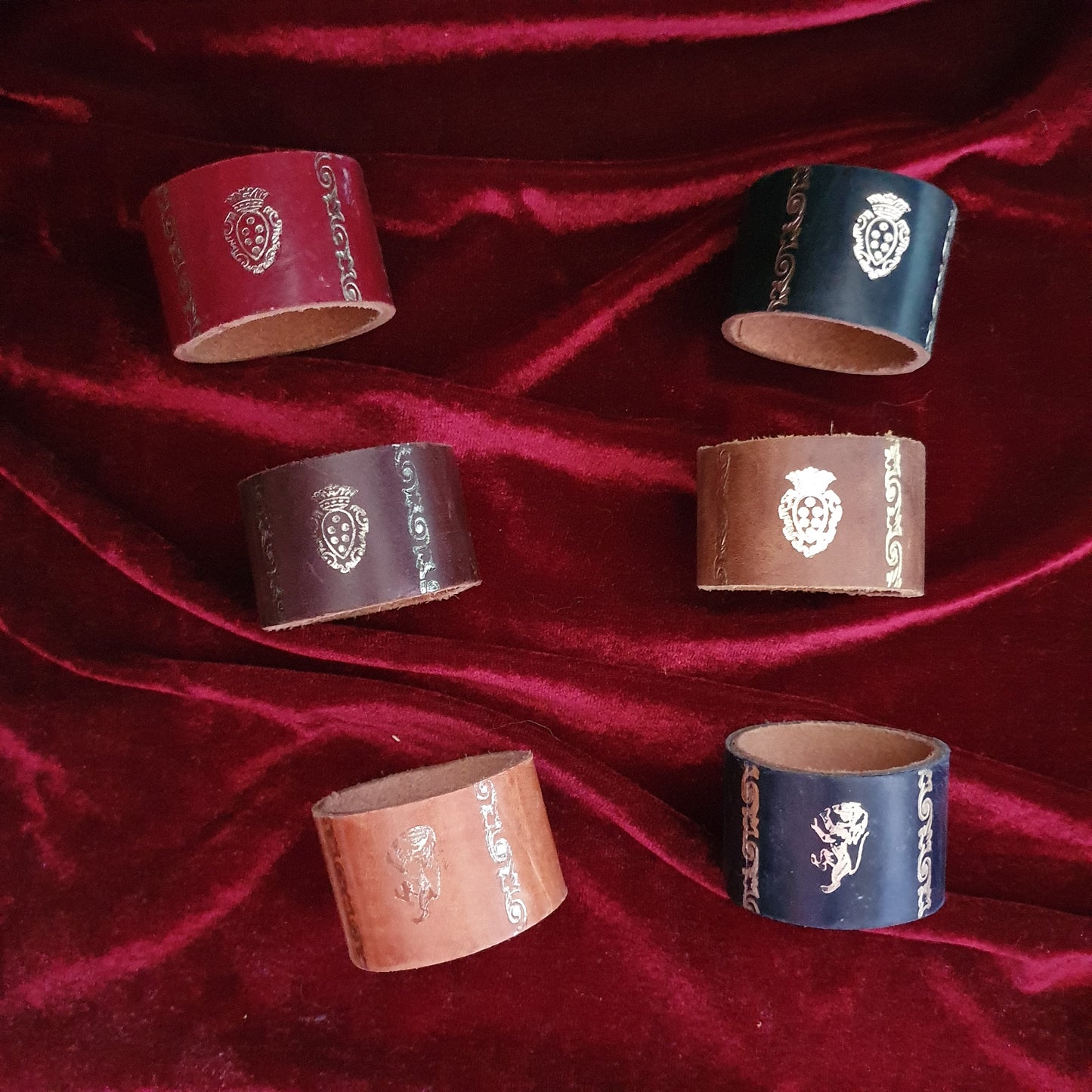Vintage Leather Heraldic Napkin Rings – Set of Six