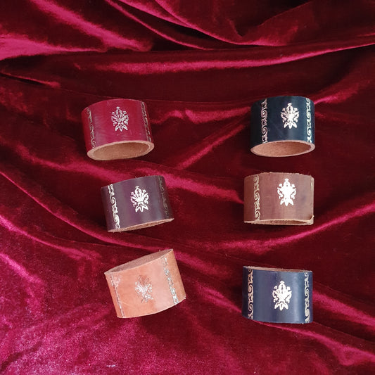 Vintage Leather Heraldic Napkin Rings – Set of Six