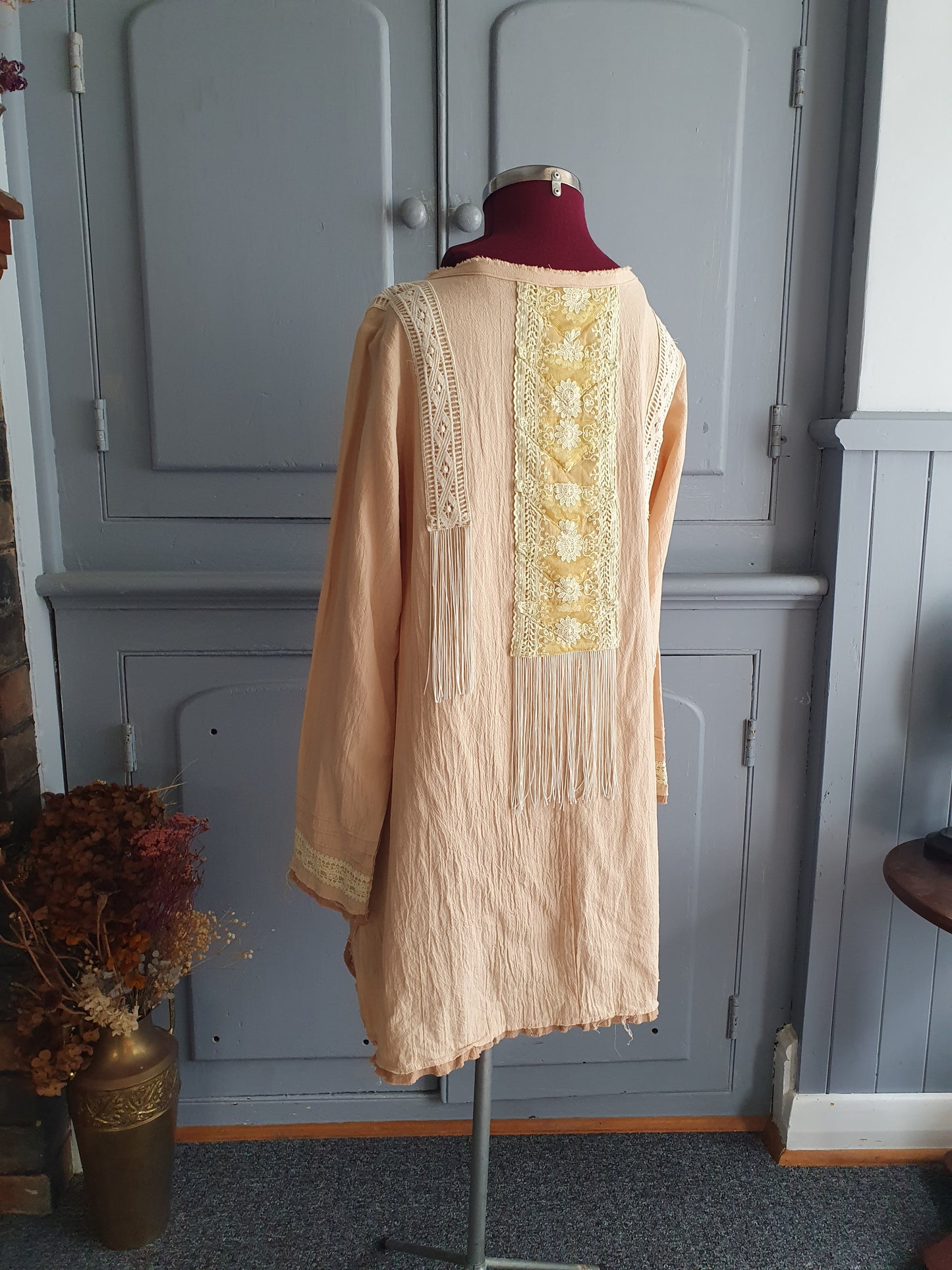 Boho Lace Fringe Tunic Top – Peach - size M