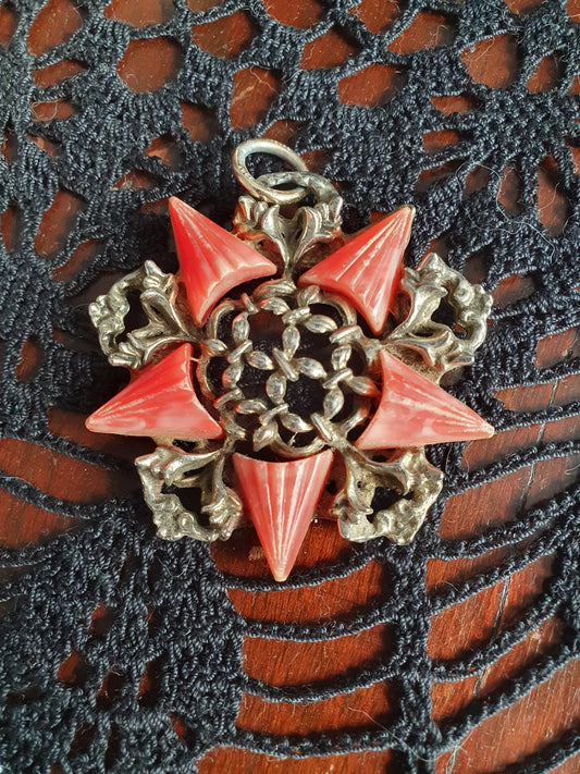 Vintage Gothic Revival Pendant – Red Celluloid & Ornate Silver-Tone Filigree | Mid-Century Costume Jewelry