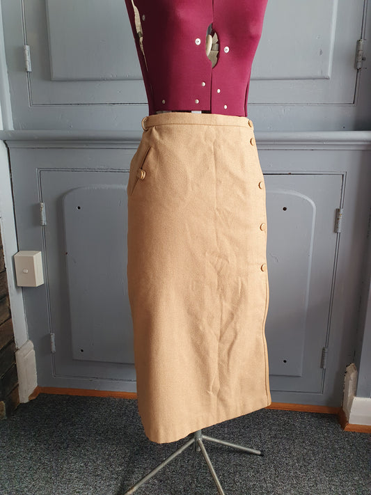 Vintage 80s Lenco Wool Blend Midi Skirt – Camel Button Front (AU 16)