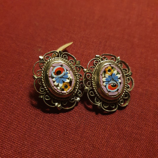 Vintage Floral Micro Mosaic Filigree Clip-On Earrings