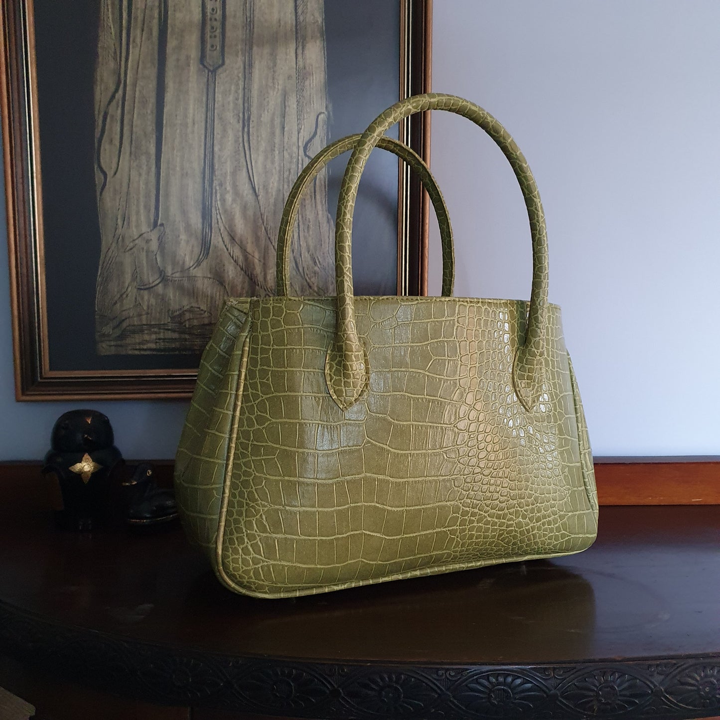 Olive Green Croc Embossed Handbag