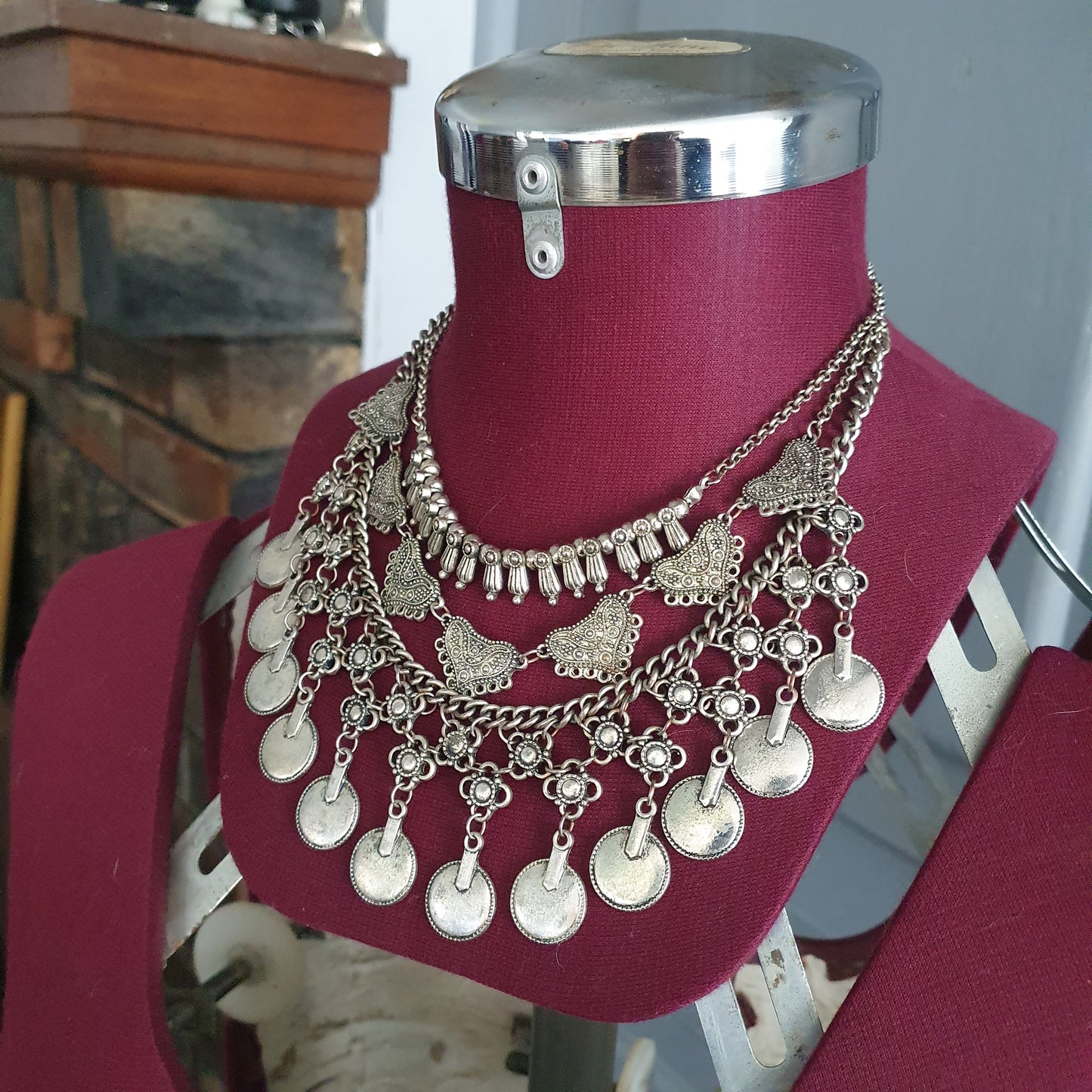 Silver Tone Layered Coin Statement Necklace