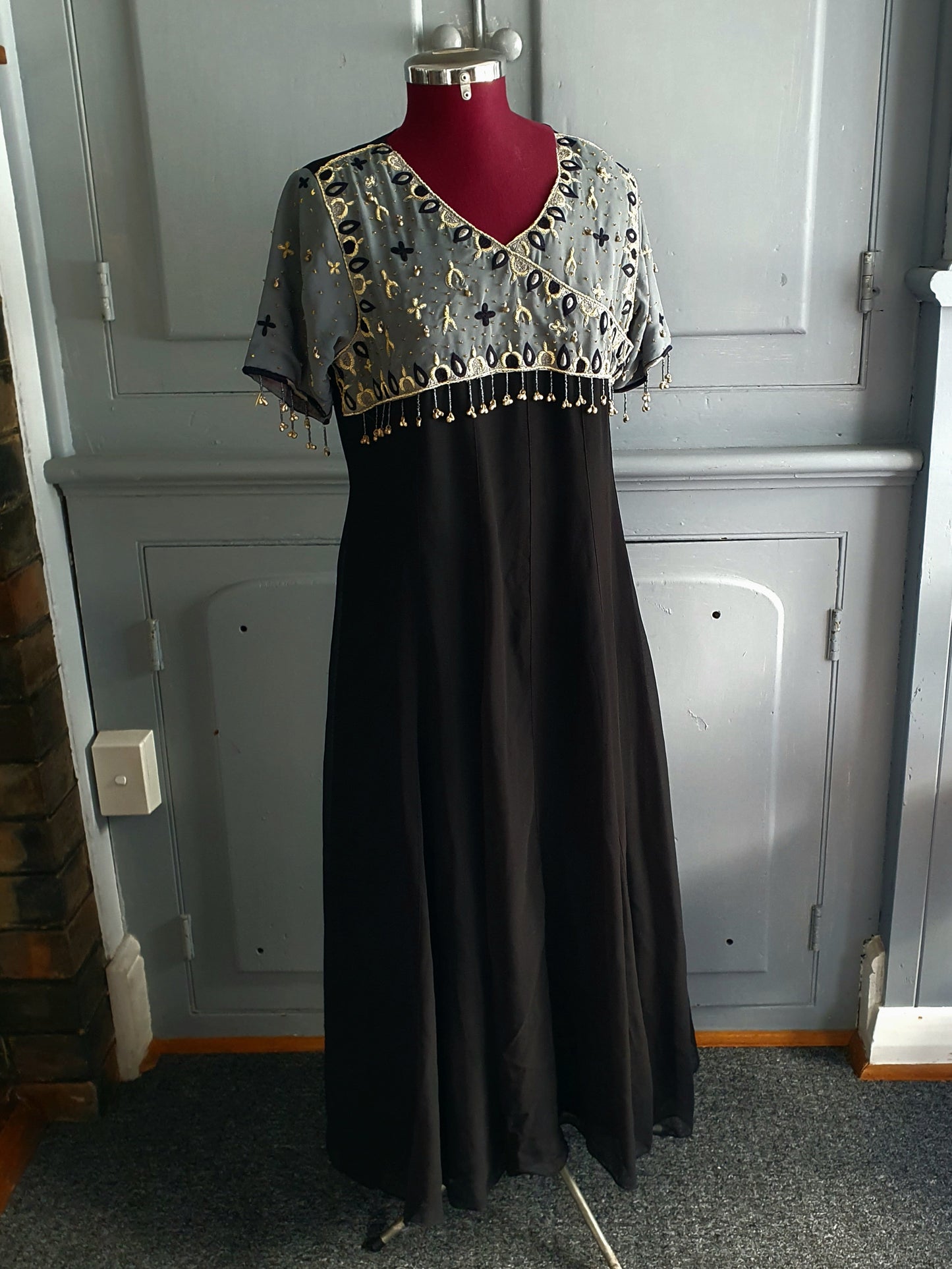Hand-Embellished Black & Silver Maxi Dress with Bell Charms – AU 12–14
