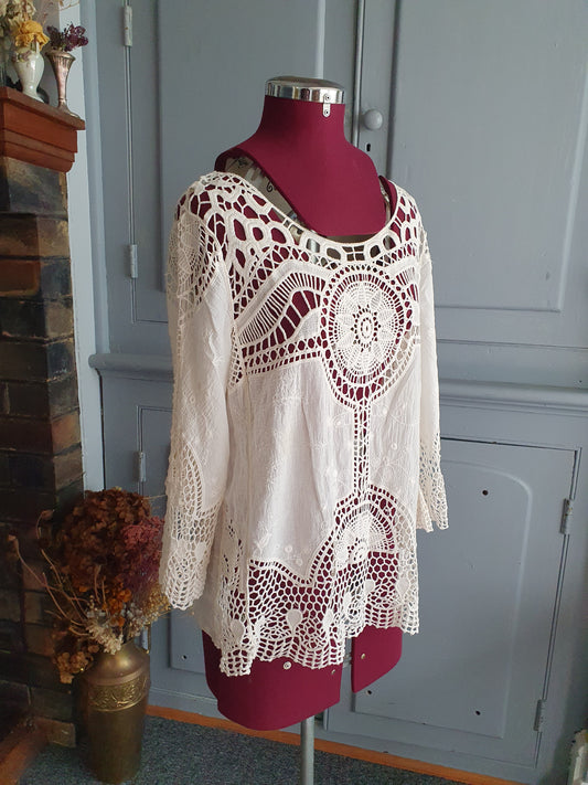 Boho Crochet Lace Cotton Blouse- Size L