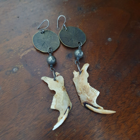 Muskrat Jawbone Sterling Silver, Brass & Hematite Earrings