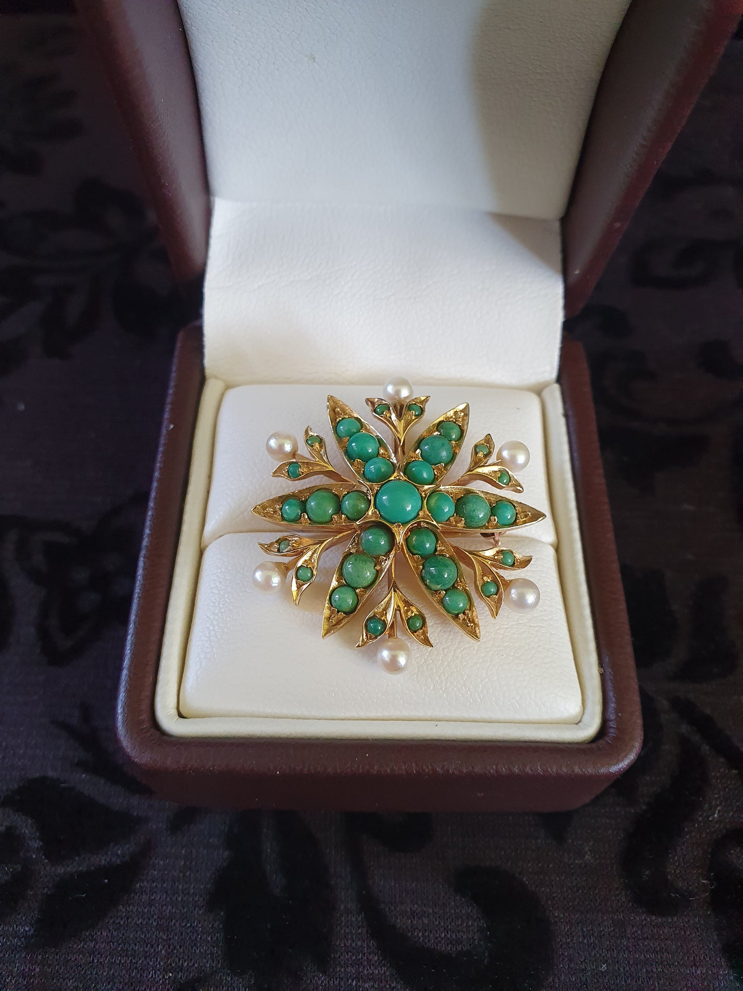 Vintage 18ct Gold Chrysoprase & Pearl Starburst Brooch (1950s–1970s)