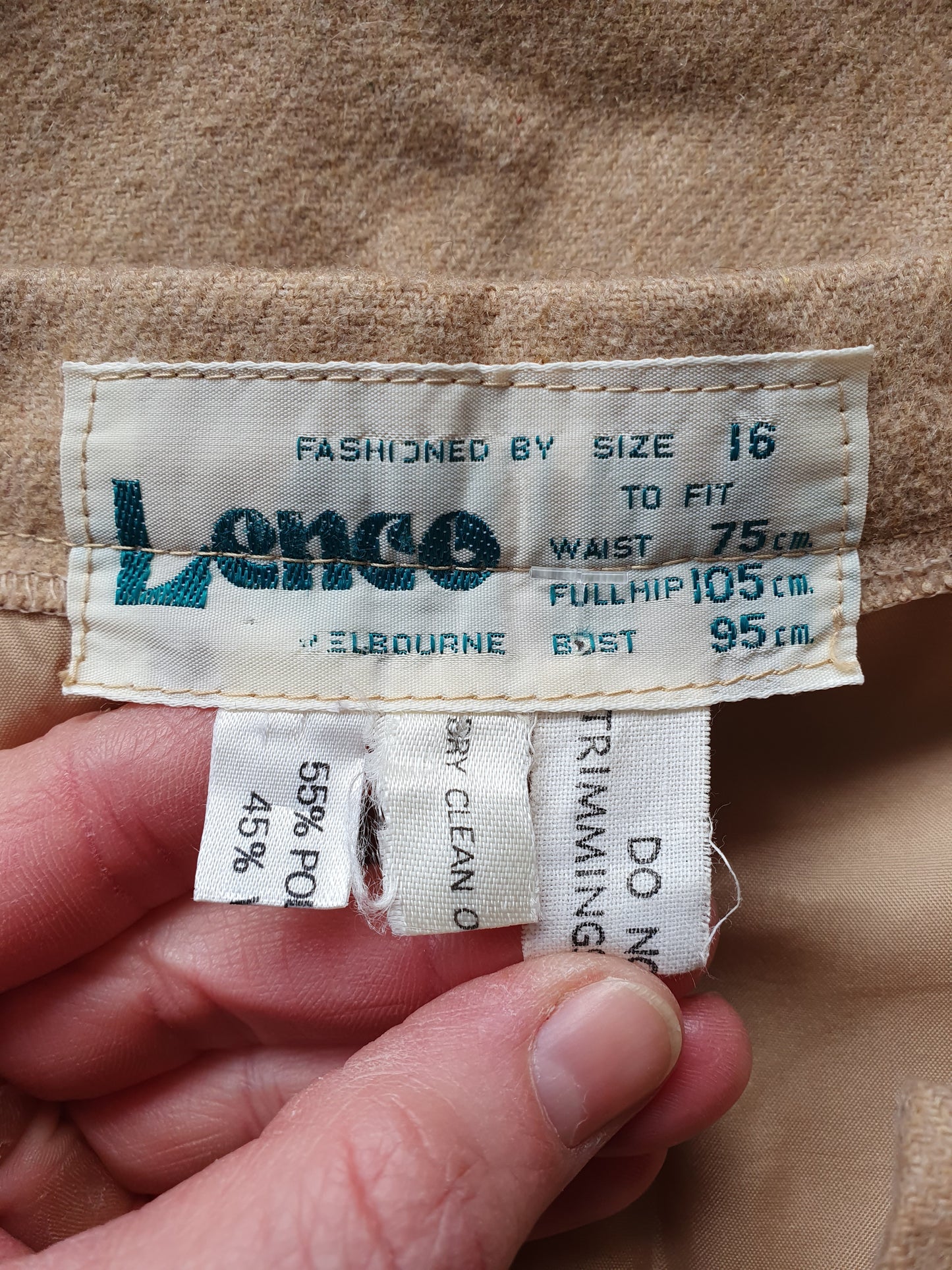 Vintage 80s Lenco Wool Blend Midi Skirt – Camel Button Front (AU 16)