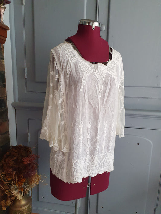 Embroidered Cotton Boho Blouse – Cream- Size S/M
