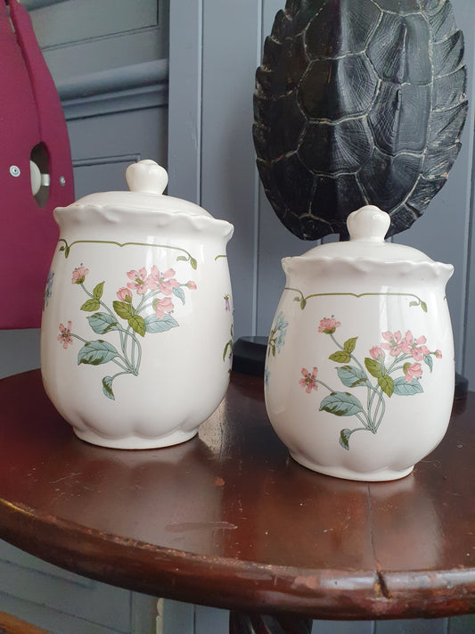 Vintage Floral Ceramic Canister Pair – Scalloped Lids & Botanical Print