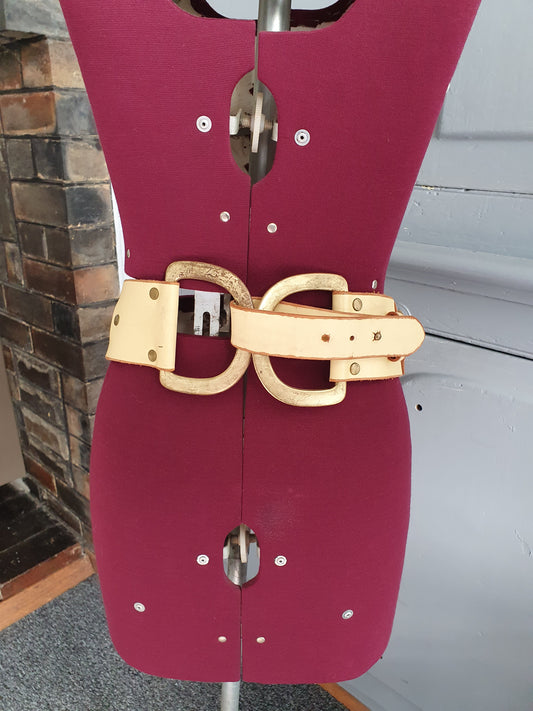 Vintage 70s Wide Leather Belt – Cream with Brass Hardware, Double Buckle (AU 8–14 Adjustable)