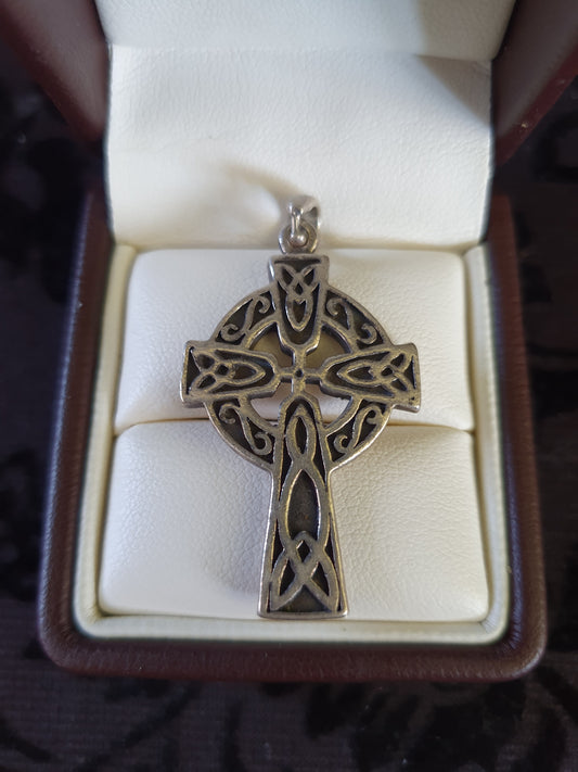 Vintage Sterling Silver Celtic Cross Pendant – Heavy, Detailed Knotwork – Stamped