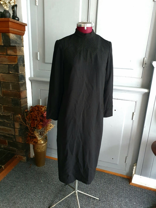 Vintage Black Midi Dress with Geometric Corded Embroidery – Australian Made (80s/90s). Size 12