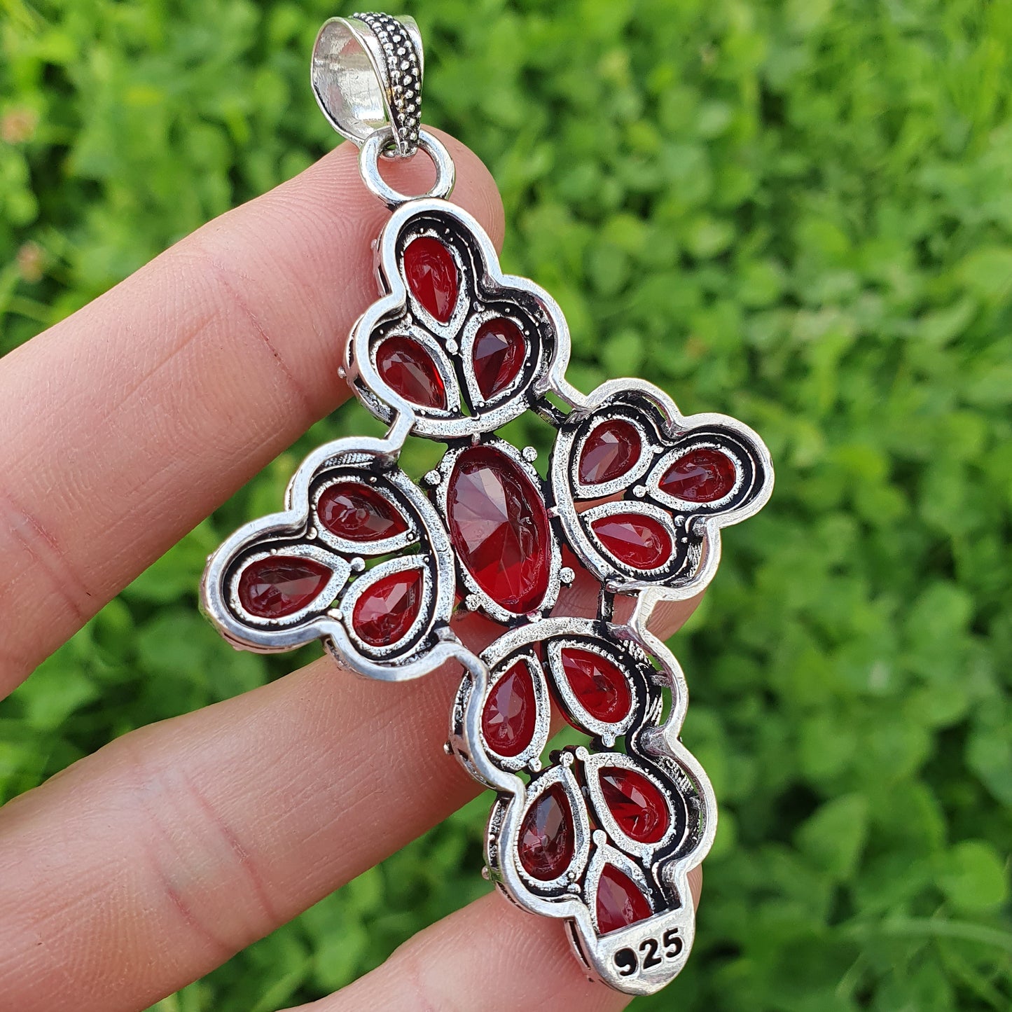 Sterling Silver Synthetic Garnet Cross Pendant | 8cm