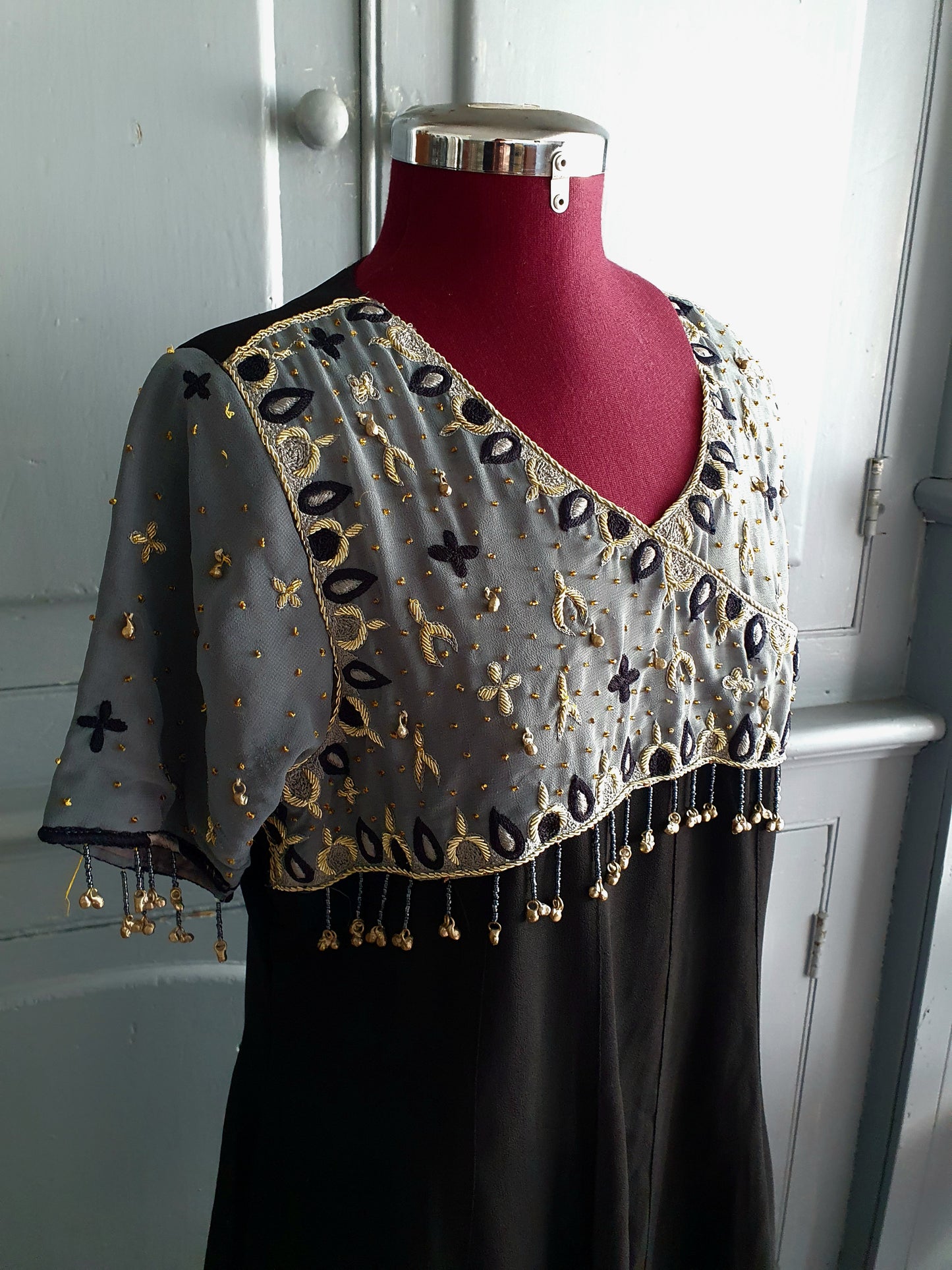 Hand-Embellished Black & Silver Maxi Dress with Bell Charms – AU 12–14