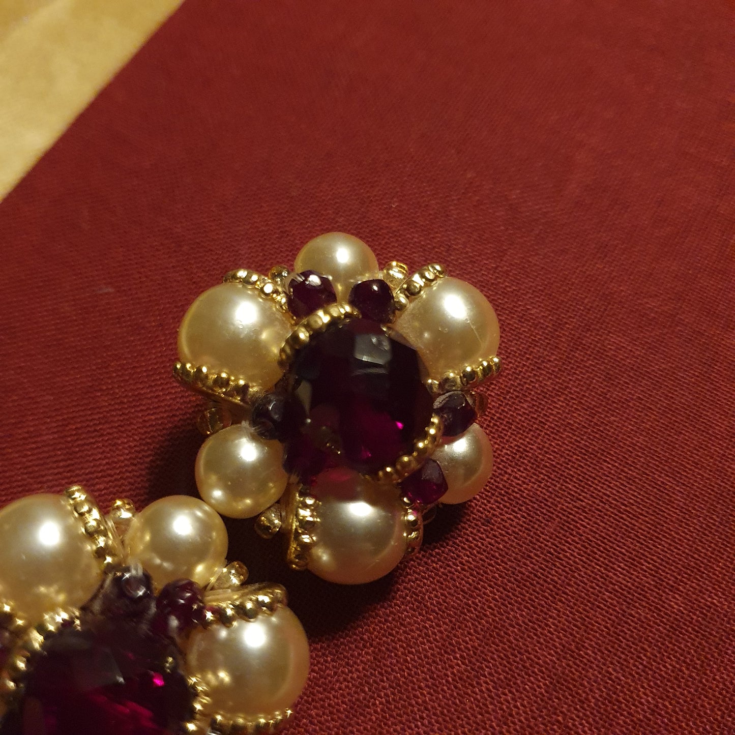 Vintage Ruby Red Glass & Pearl Cluster Clip-On Earrings