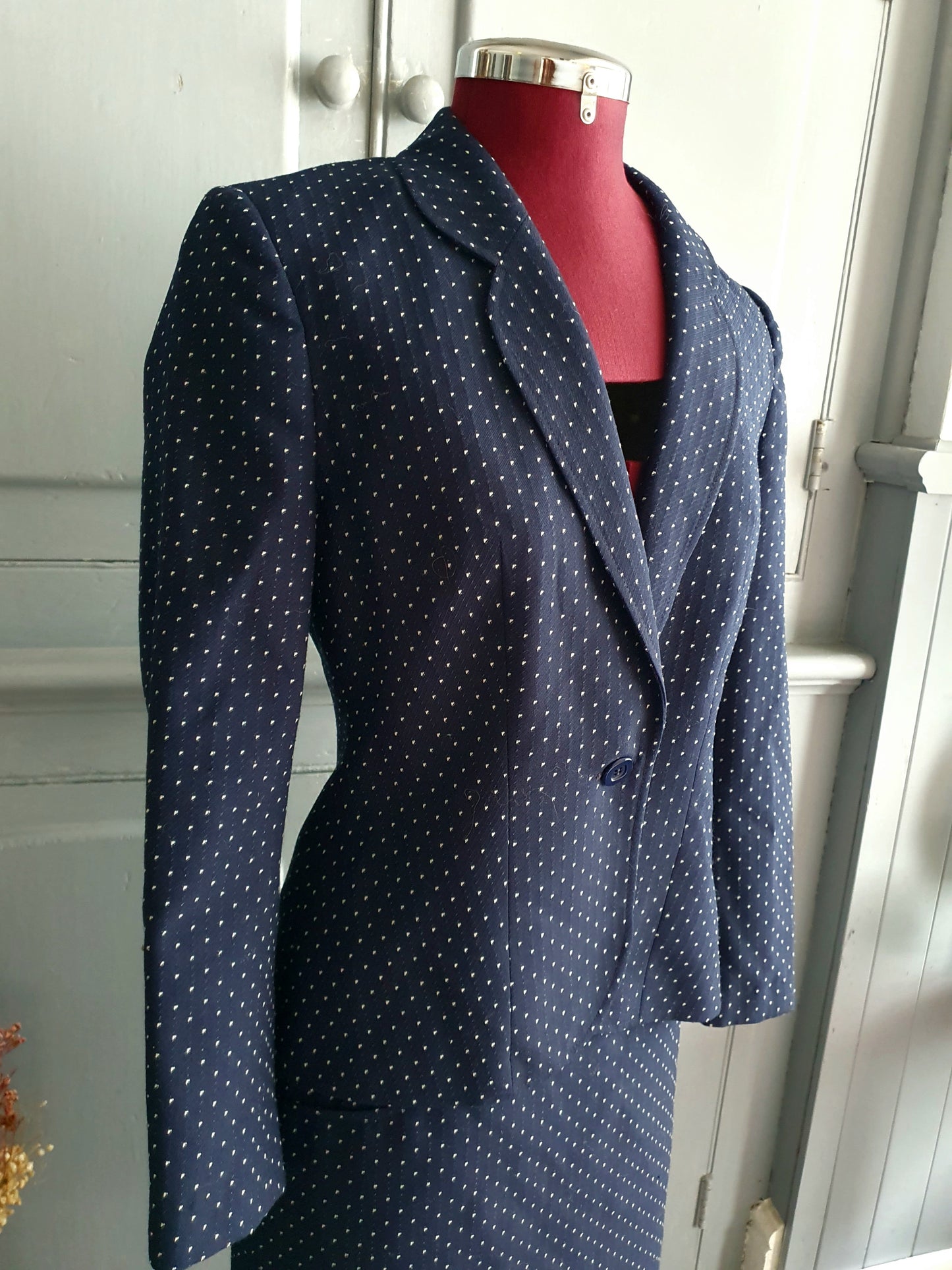 Late 80s/Early 90s Fletcher Jones Navy Polka Dot Wool Blend Skirt Suit – AU 12